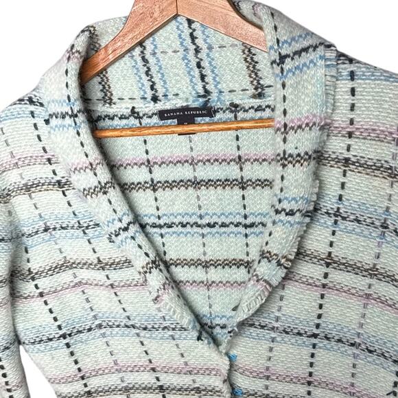 Banana Republic Soft Cozy Angora Wool Blue Pink Plaid Blazer SweaterWomen Medium - Picture 2 of 8